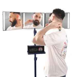 360° Barber Mirror Tripod Stand with 4 LED Lights, Tray & Self Haircut System